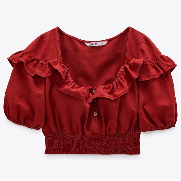 NWOT Zara daisy red crop top with puffed sleeves - Picture 3 of 10